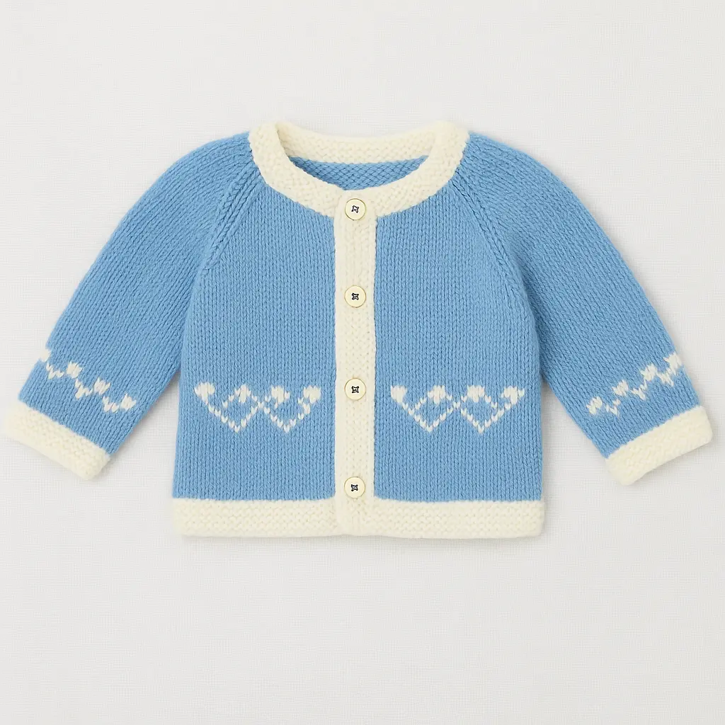 “Handmade Knitted Baby Wool Set – Blue & White (Sweater, Cap & Booties)” - Image 2