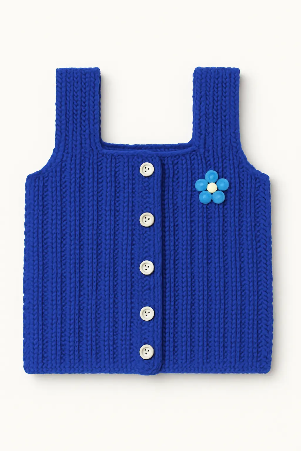 Handmade royal blue knitted baby wool vest with white buttons and blue flower patch – cozy sleeveless winter wear for newborns and toddlers.