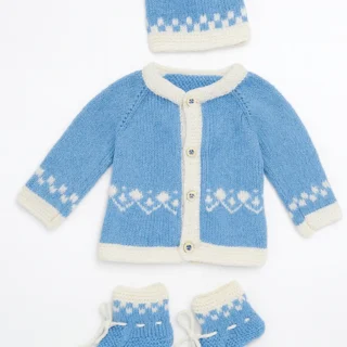 Handmade blue knitted baby wool set with sweater, cap, and booties – cozy newborn winter outfit.