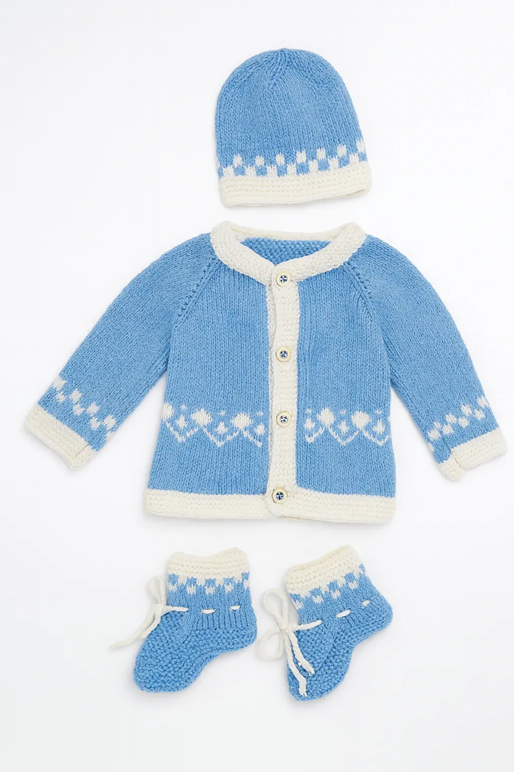 Handmade blue knitted baby wool set with sweater, cap, and booties – cozy newborn winter outfit.