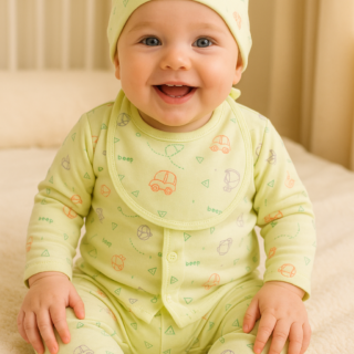 SoftMint Beep-Beep Printed | Baby Night Suit with Cap (0–6 Months)