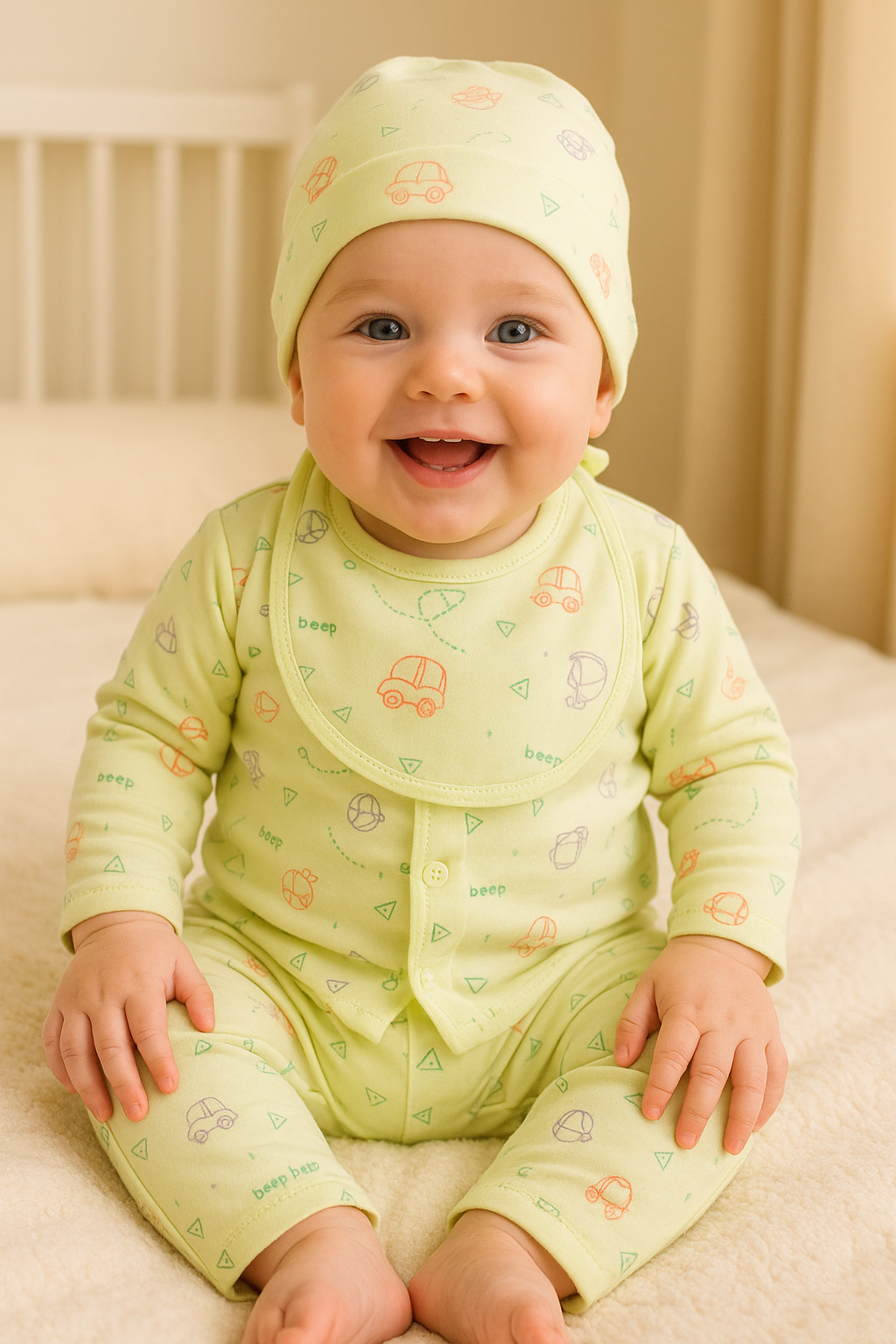 SoftMint Beep-Beep Printed | Baby Night Suit with Cap (0–6 Months)
